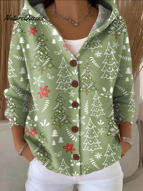 Women's Christmas Tree Art Printed Casual Hooded Button Sweater