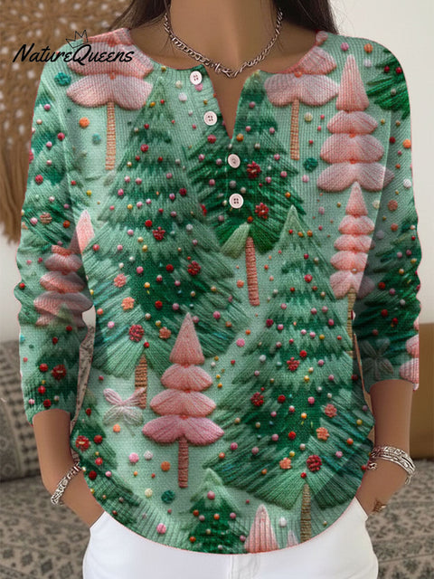 Women's Christmas Tree Art Print Buttoned Cardigan Sweater