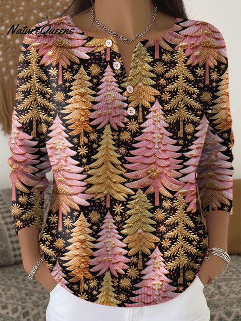 Women's Christmas Tree Art Print Buttoned Cardigan Sweater