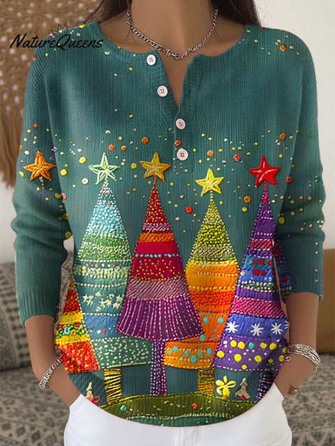 Women's Christmas Tree Art Print Buttoned Cardigan Sweater