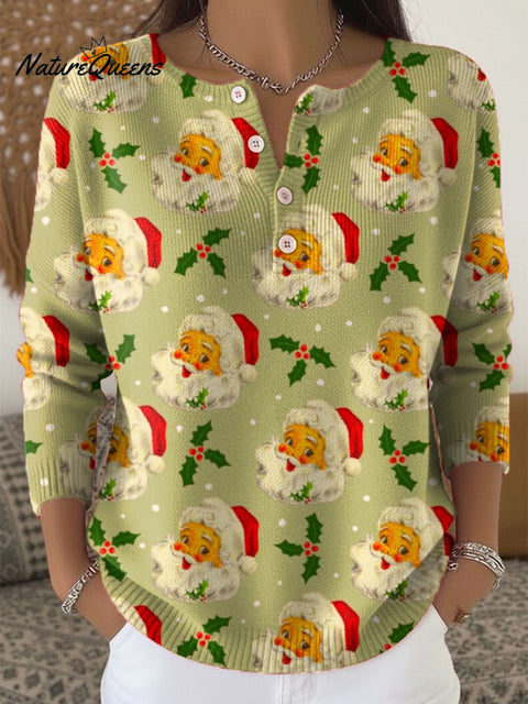 Women's Christmas Santa Art Print Buttoned Cardigan Sweater