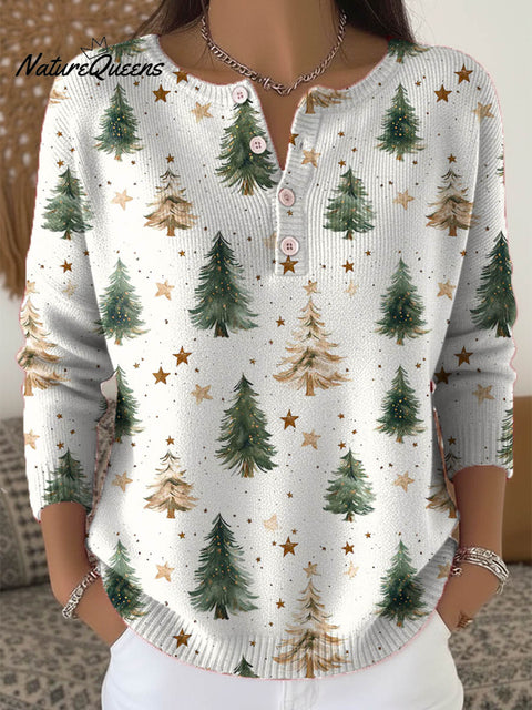 Women's Christmas Tree Art Print Buttoned Cardigan Sweater
