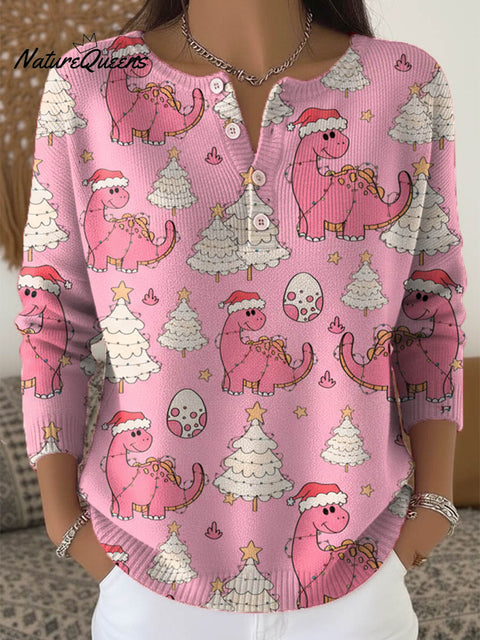 Women's Lovely Christmas Tree Dinosaur Art Print Buttoned Cardigan Sweater