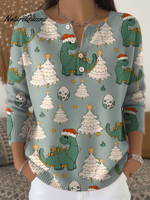 Women's Lovely Christmas Tree Dinosaur Art Print Buttoned Cardigan Sweater