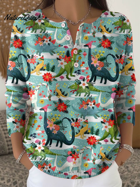 Women's Lovely Christmas Dinosaur Art Print Buttoned Cardigan Sweater