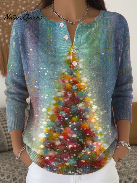 Women's Christmas Tree Art Print Buttoned Cardigan Sweater