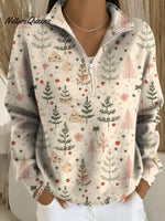 Women's Christmas Tree Art Print Casual Long Sleeve Zip Sweatshirt