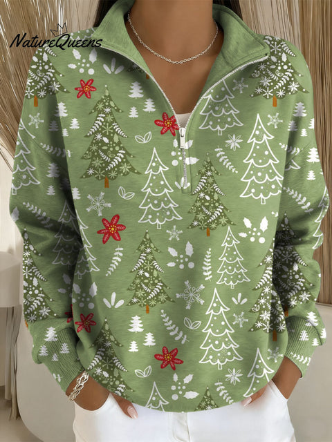 Women's Christmas Tree Art Print Casual Long Sleeve Zip Sweatshirt
