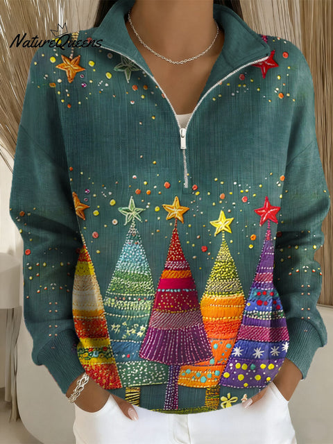 Women's Christmas Tree Art Print Casual Long Sleeve Zip Sweatshirt