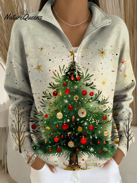 Women's Christmas Tree Art Print Casual Long Sleeve Zip Sweatshirt
