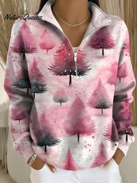 Women's Christmas Tree Art Print Casual Long Sleeve Zip Sweatshirt