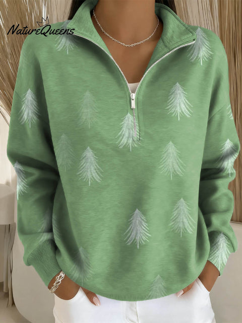 Women's Christmas Tree Art Print Casual Long Sleeve Zip Sweatshirt