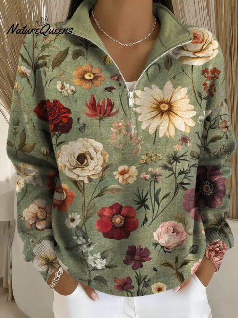 Women's Retro Floral Art Print Casual Long Sleeve Zip Sweatshirt