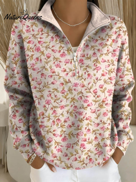 Women's Retro Floral Art Print Casual Long Sleeve Zip Sweatshirt