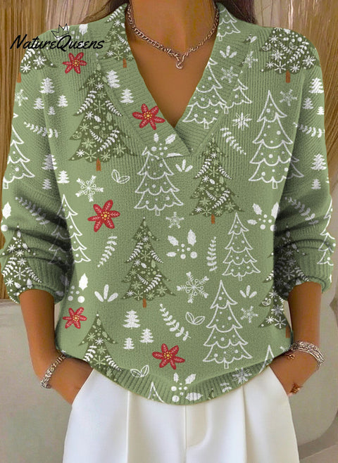 Women's Christmas Tree Art Print Buttoned Cardigan Sweater