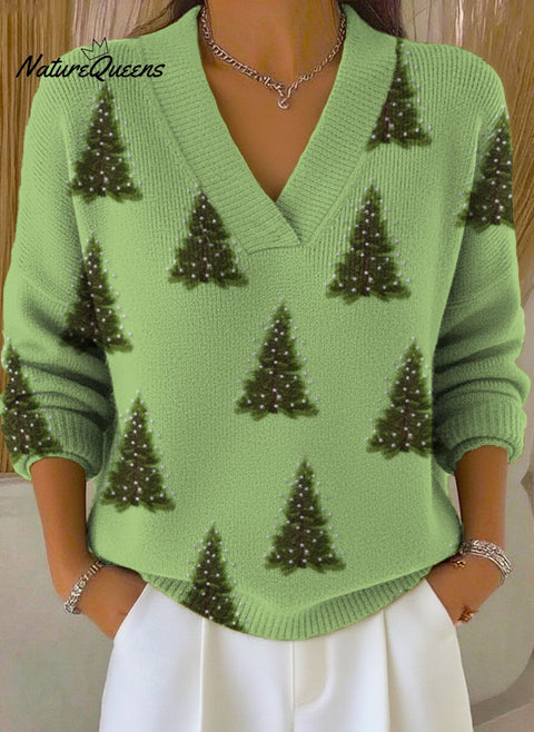 Women's Christmas Tree Art Print Buttoned Cardigan Sweater