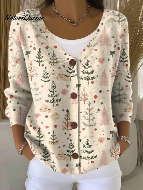 Women's Christmas Tree Art Print Buttoned Cardigan Sweater