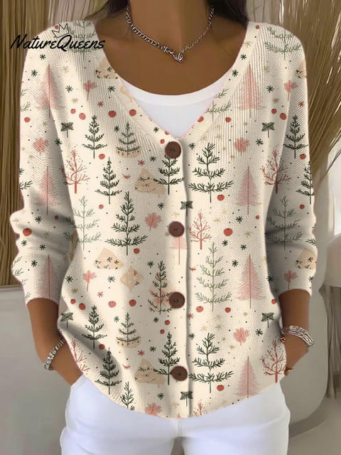 Women's Christmas Tree Art Print Buttoned V-neck Cardigan Sweater