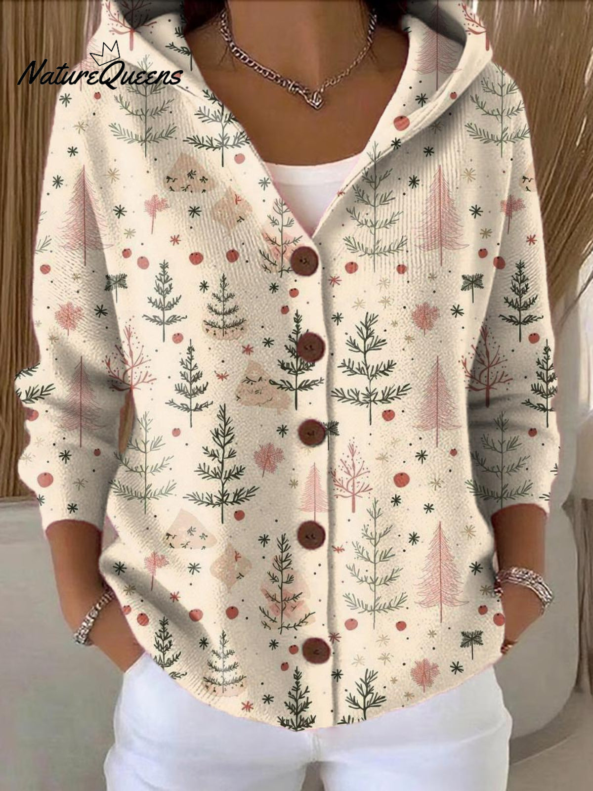 Women's Christmas Tree Art Printed Casual Hooded Button Sweater