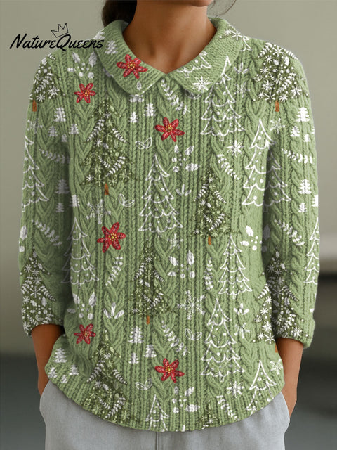 Women's Christmas Tree Art Print Casual Peter Pan Collar 3/4 Sleeve Sweater