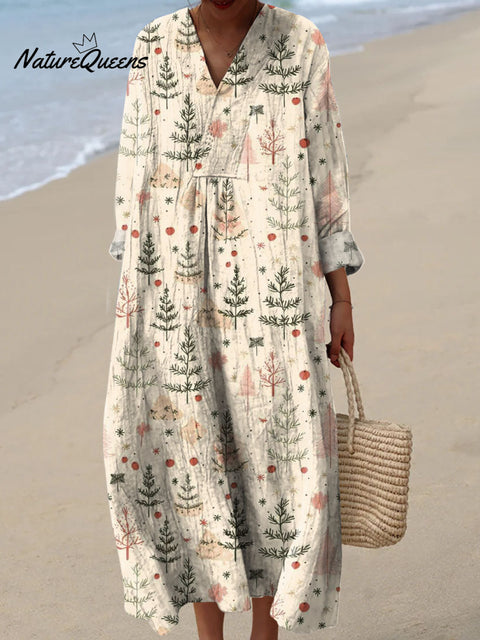 Women's Christmas Tree Pattern Art Print Cotton Dress