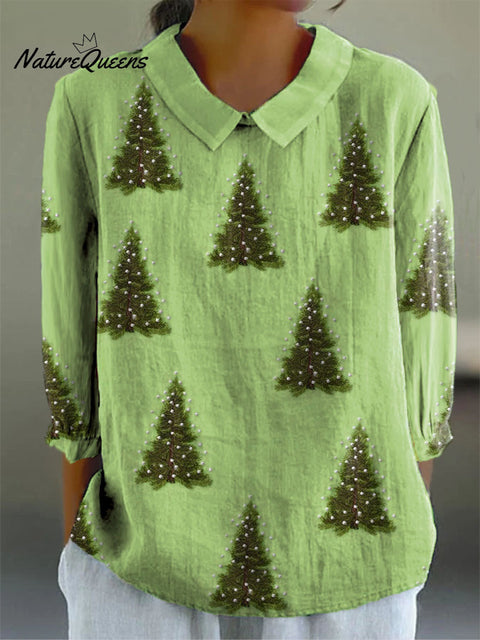 Women's Christmas Tree Art Print Casual Cotton And Linen 3/4 Sleeve Shirt