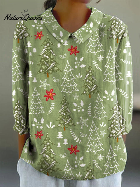 Women's Christmas Tree Art Print Casual Cotton And Linen 3/4 Sleeve Shirt