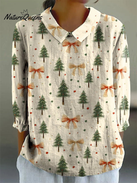 Women's Christmas Tree Art Print Casual Cotton And Linen 3/4 Sleeve Shirt