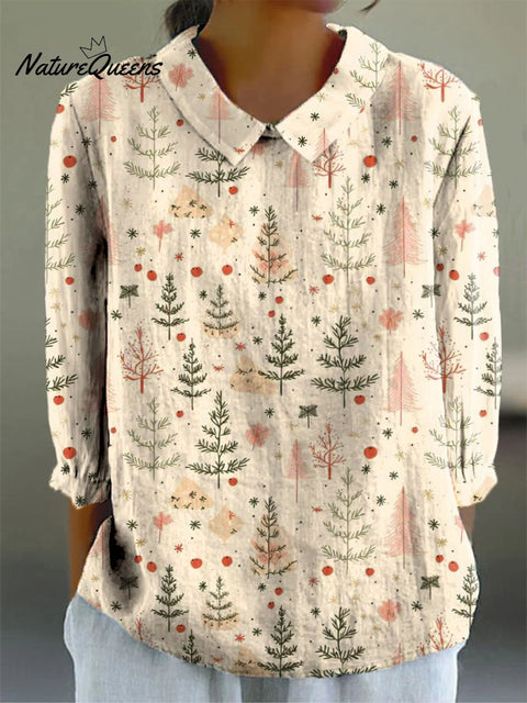 Women's Christmas Tree Art Print Casual Cotton And Linen 3/4 Sleeve Shirt