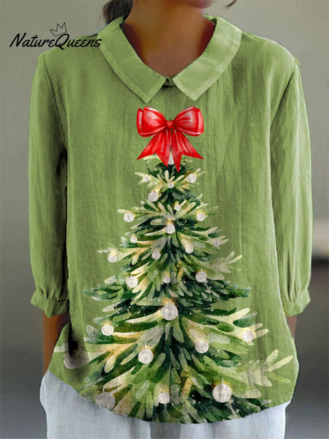 Women's Christmas Tree Art Print Casual Cotton And Linen 3/4 Sleeve Shirt