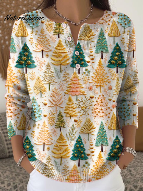 Women's Christmas Tree Art Print Buttoned Cardigan Sweater