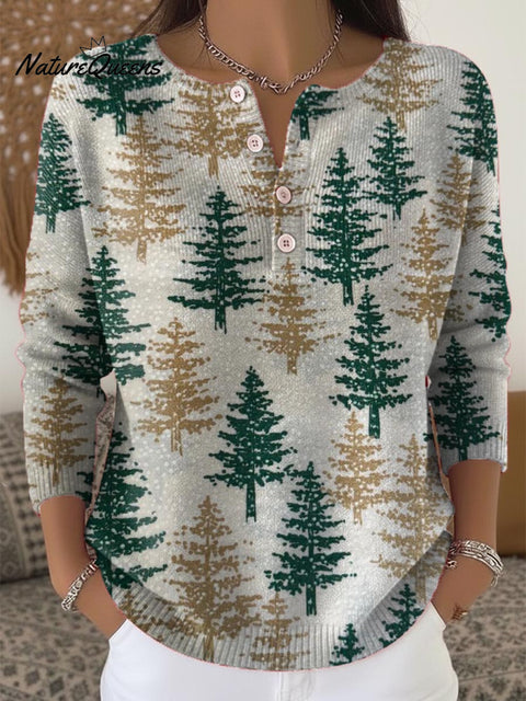 Women's Christmas Tree Art Print Buttoned Cardigan Sweater