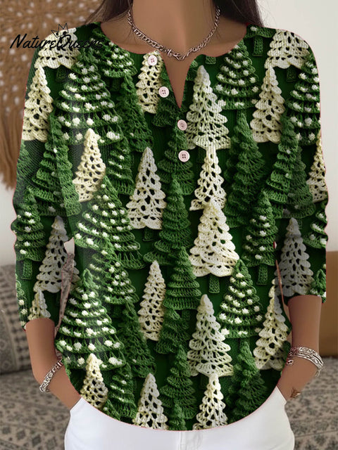 Women's Christmas Tree Art Print Buttoned Cardigan Sweater