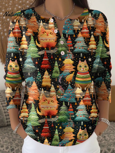 Women's Christmas Cats Pattern Art Print Buttoned Cardigan Sweater