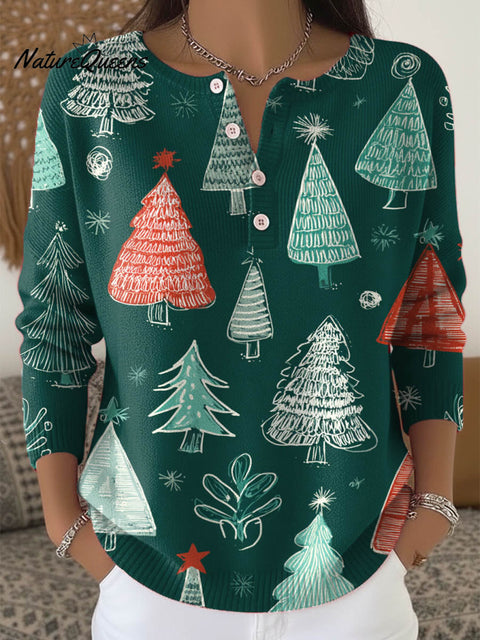 Women's Christmas Tree Art Print Buttoned Cardigan Sweater