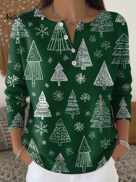 Women's Christmas Tree Art Print Buttoned Cardigan Sweater