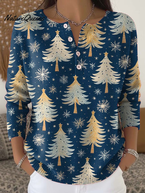 Women's Christmas Tree Art Print Buttoned Cardigan Sweater
