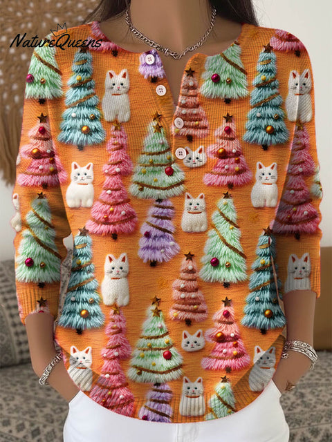 Women's Lovely Christmas Tree Cats Pattern Art Print Buttoned Cardigan Sweater