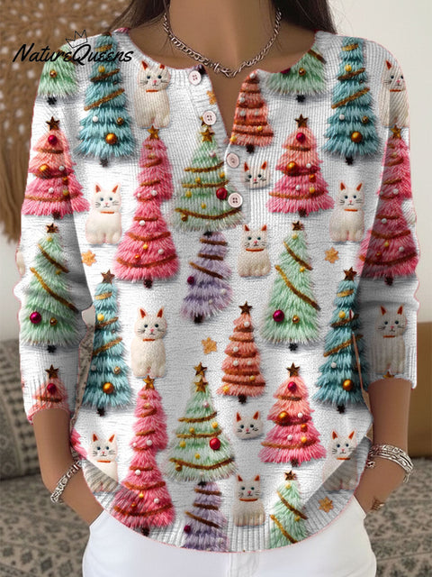 Women's Lovely Christmas Tree Cats Pattern Art Print Buttoned Cardigan Sweater