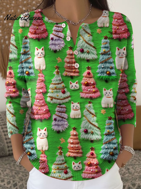 Women's Lovely Christmas Tree Cats Pattern Art Print Buttoned Cardigan Sweater