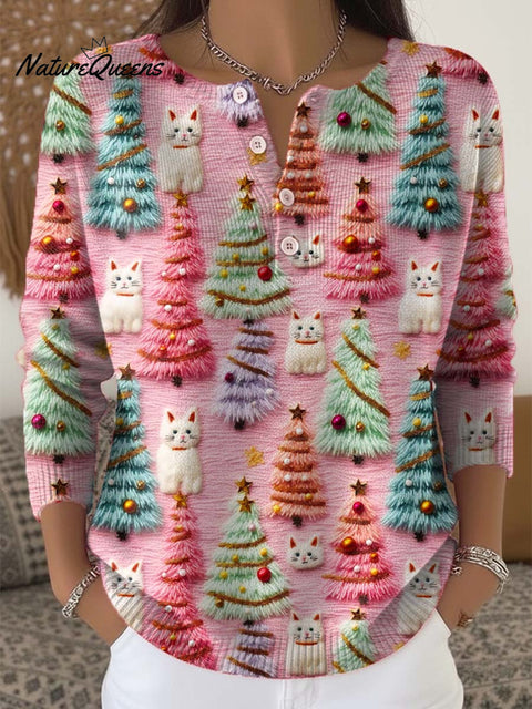 Women's Lovely Christmas Tree Cats Pattern Art Print Buttoned Cardigan Sweater