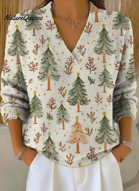 Women's Christmas Tree Art Print Buttoned Cardigan Sweater