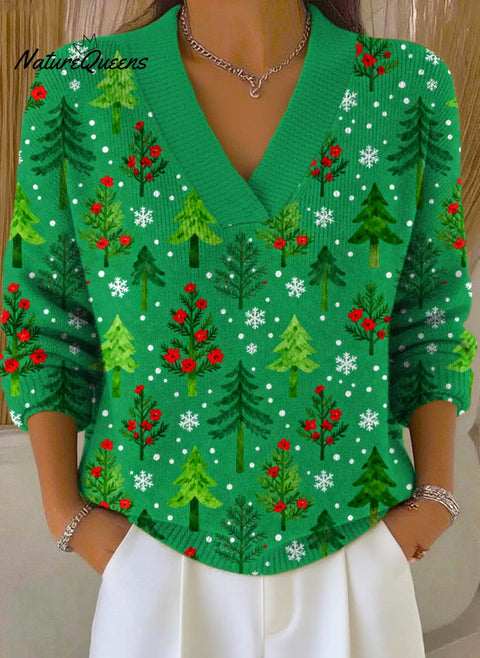 Women's Christmas Tree Art Print Buttoned Cardigan Sweater