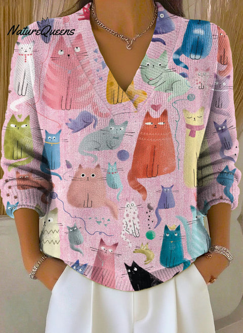 Women's Lovely Cats Art Print Buttoned Cardigan Sweater