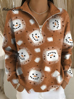 Women's Christmas Snowman Art Print Casual Long Sleeve Zip Sweatshirt