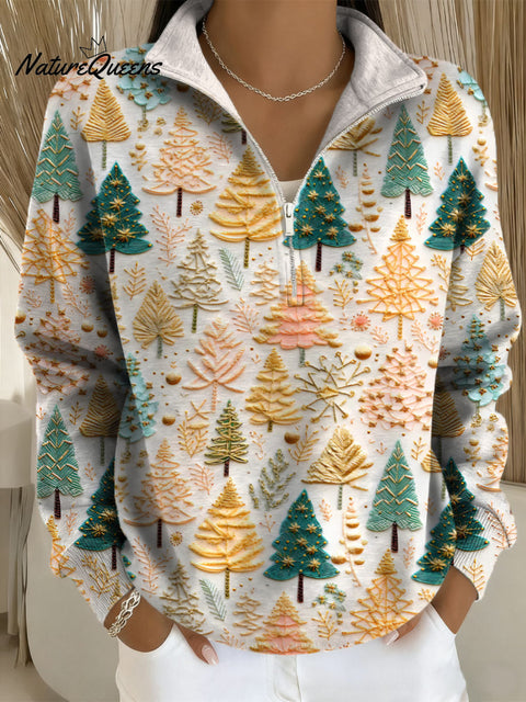 Women's Christmas Tree Art Print Casual Long Sleeve Zip Sweatshirt