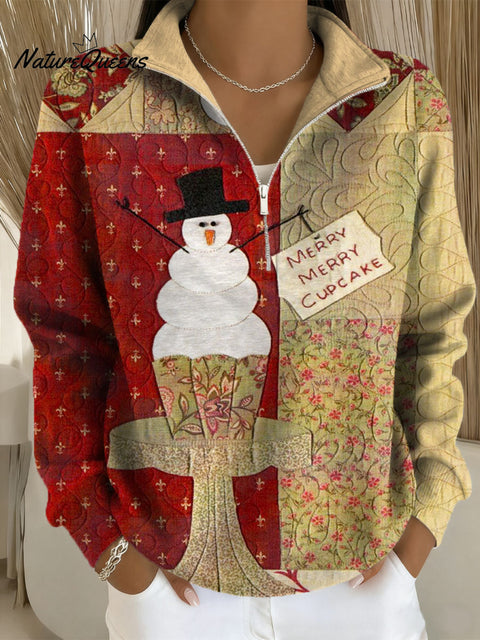 Women's Christmas Pattern Art Print Casual Long Sleeve Zip Sweatshirt