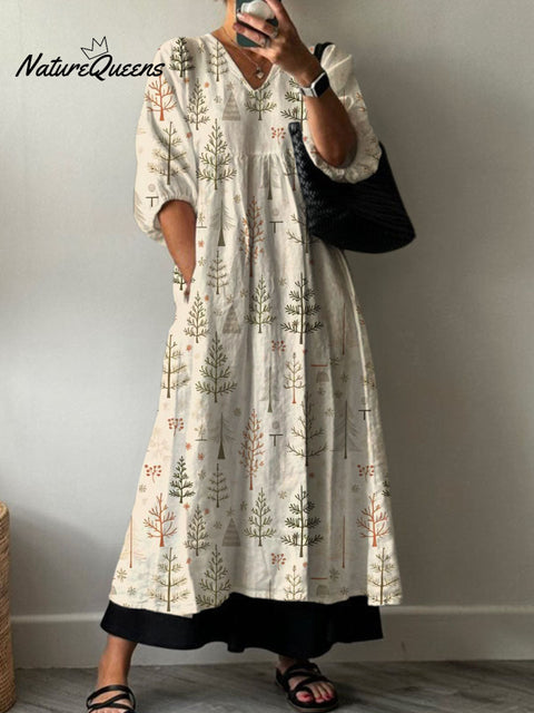 Women's Christmas Tree Art Print Pocket V-neck Cotton Dress