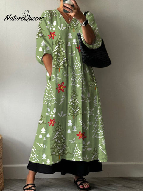 Women's Christmas Tree Art Print Pocket V-neck Cotton Dress