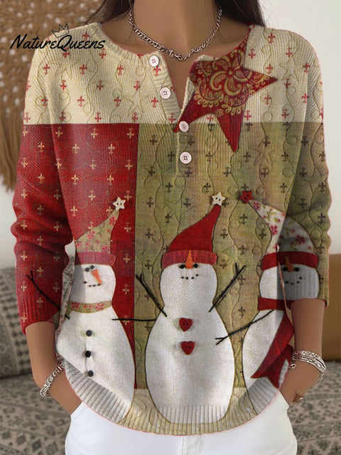 Women's Christmas Snowman Pattern Art Print Buttoned Cardigan Sweater